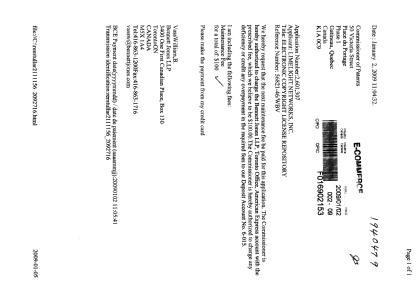 Canadian Patent Document 2601307. Fees 20081202. Image 1 of 1