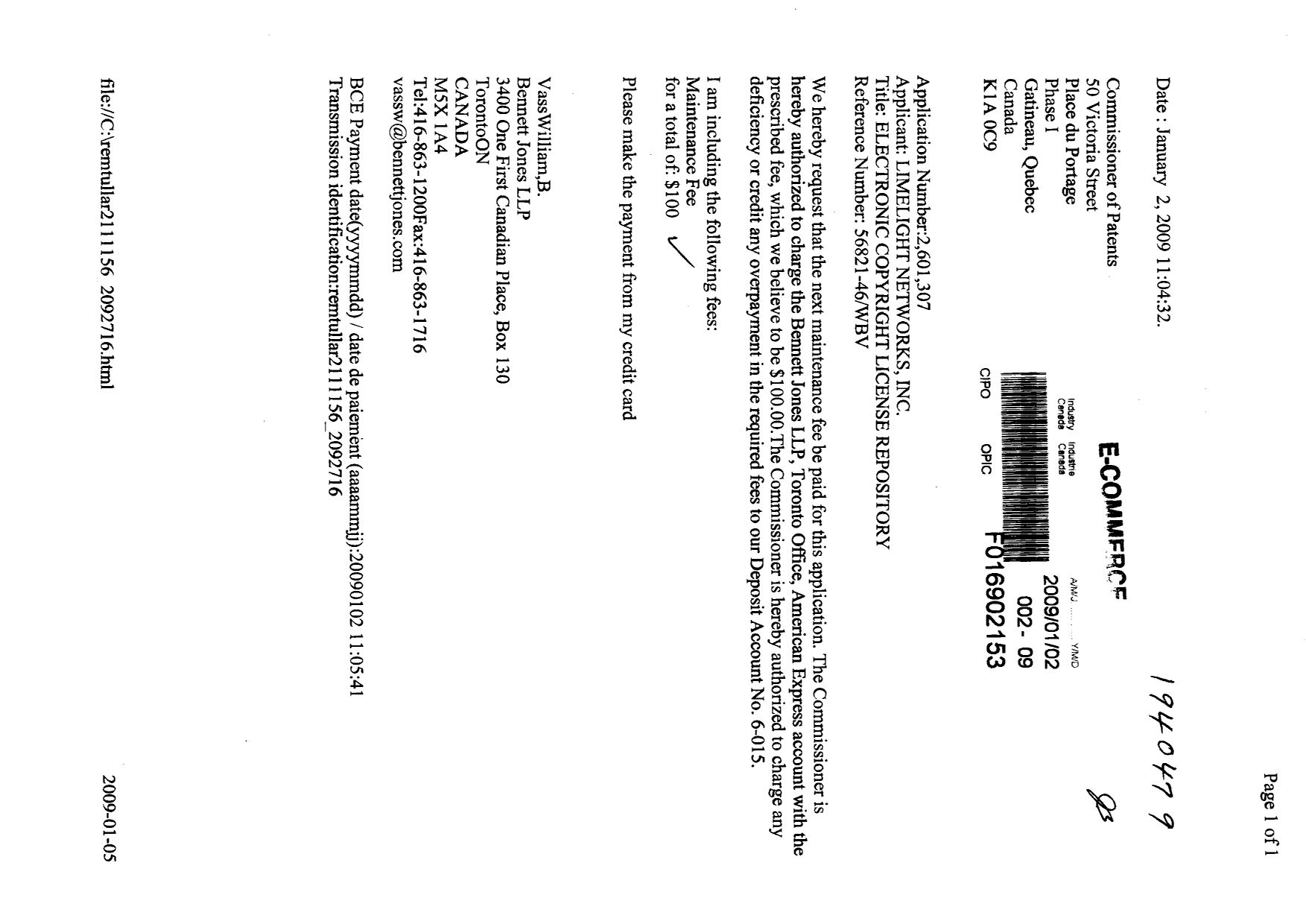 Canadian Patent Document 2601307. Fees 20081202. Image 1 of 1