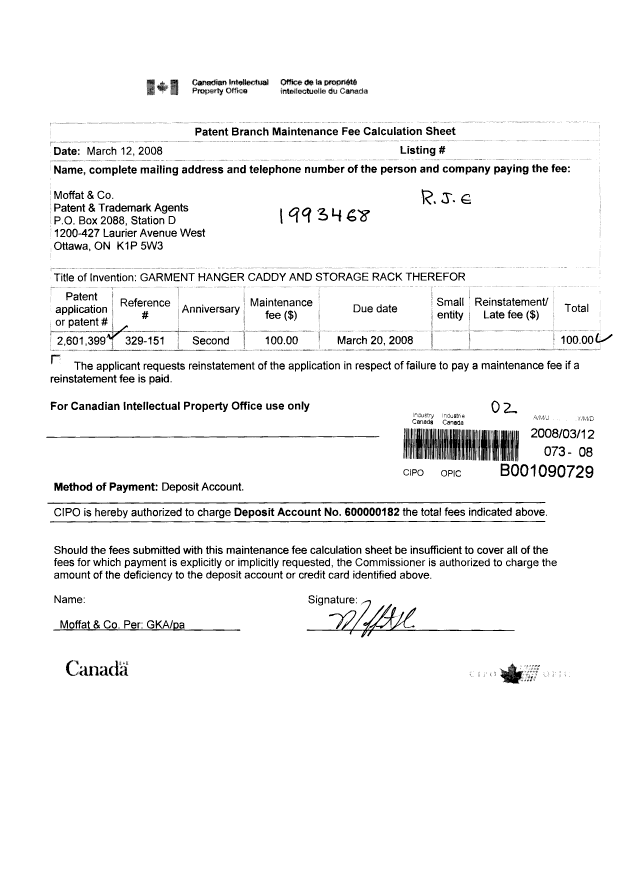 Canadian Patent Document 2601399. Fees 20080312. Image 1 of 1