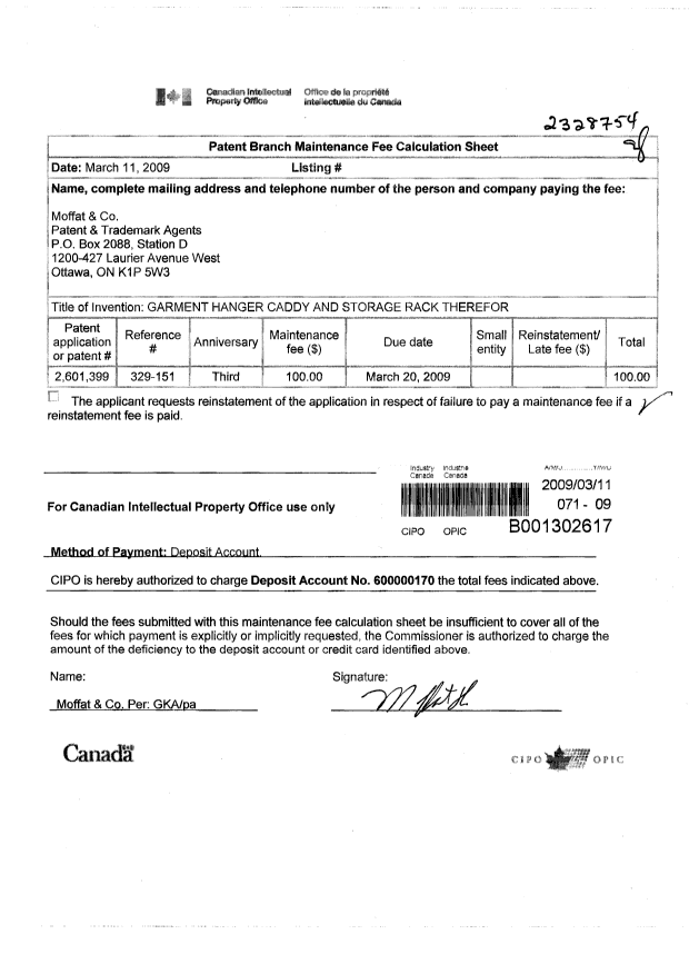 Canadian Patent Document 2601399. Fees 20090311. Image 1 of 1