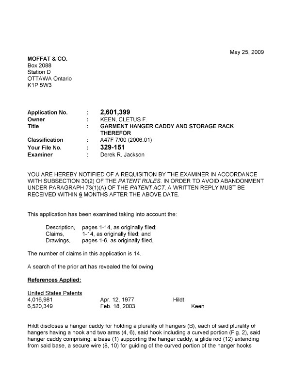 Canadian Patent Document 2601399. Prosecution-Amendment 20090525. Image 1 of 3