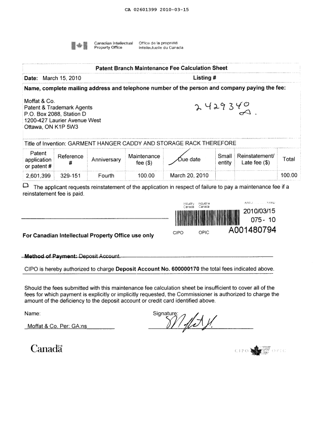 Canadian Patent Document 2601399. Fees 20100315. Image 1 of 1