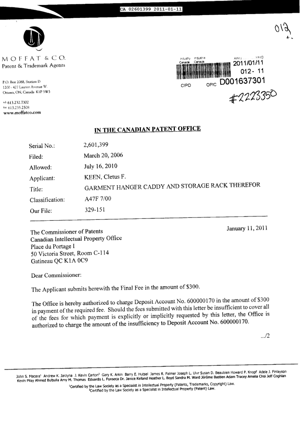 Canadian Patent Document 2601399. Correspondence 20110111. Image 1 of 2