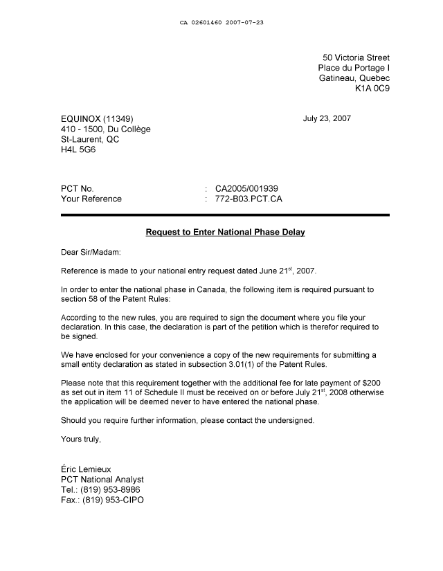 Document de brevet canadien 2601460. PCT 20070723. Image 1 de 2