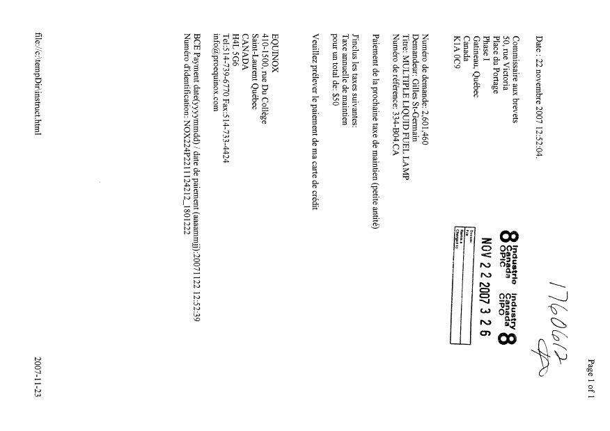 Document de brevet canadien 2601460. Taxes 20071122. Image 1 de 1