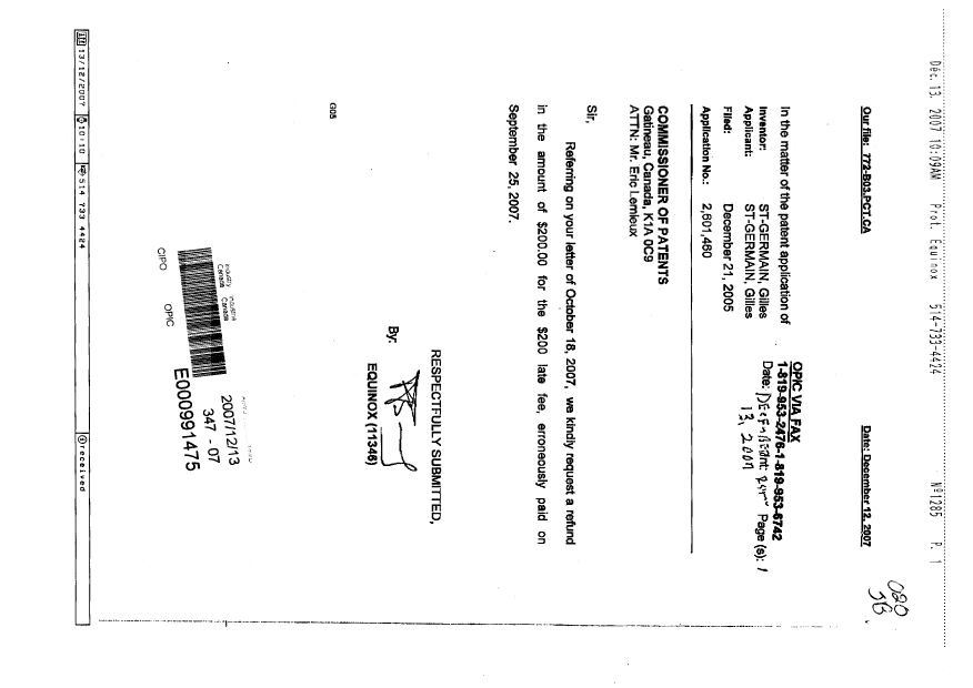 Document de brevet canadien 2601460. Correspondance 20071213. Image 1 de 1