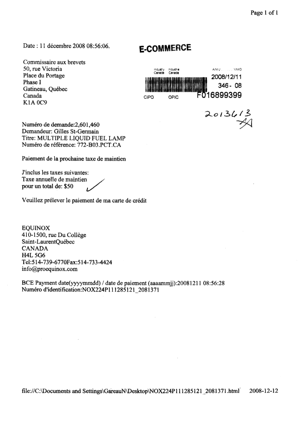 Document de brevet canadien 2601460. Taxes 20081211. Image 1 de 1