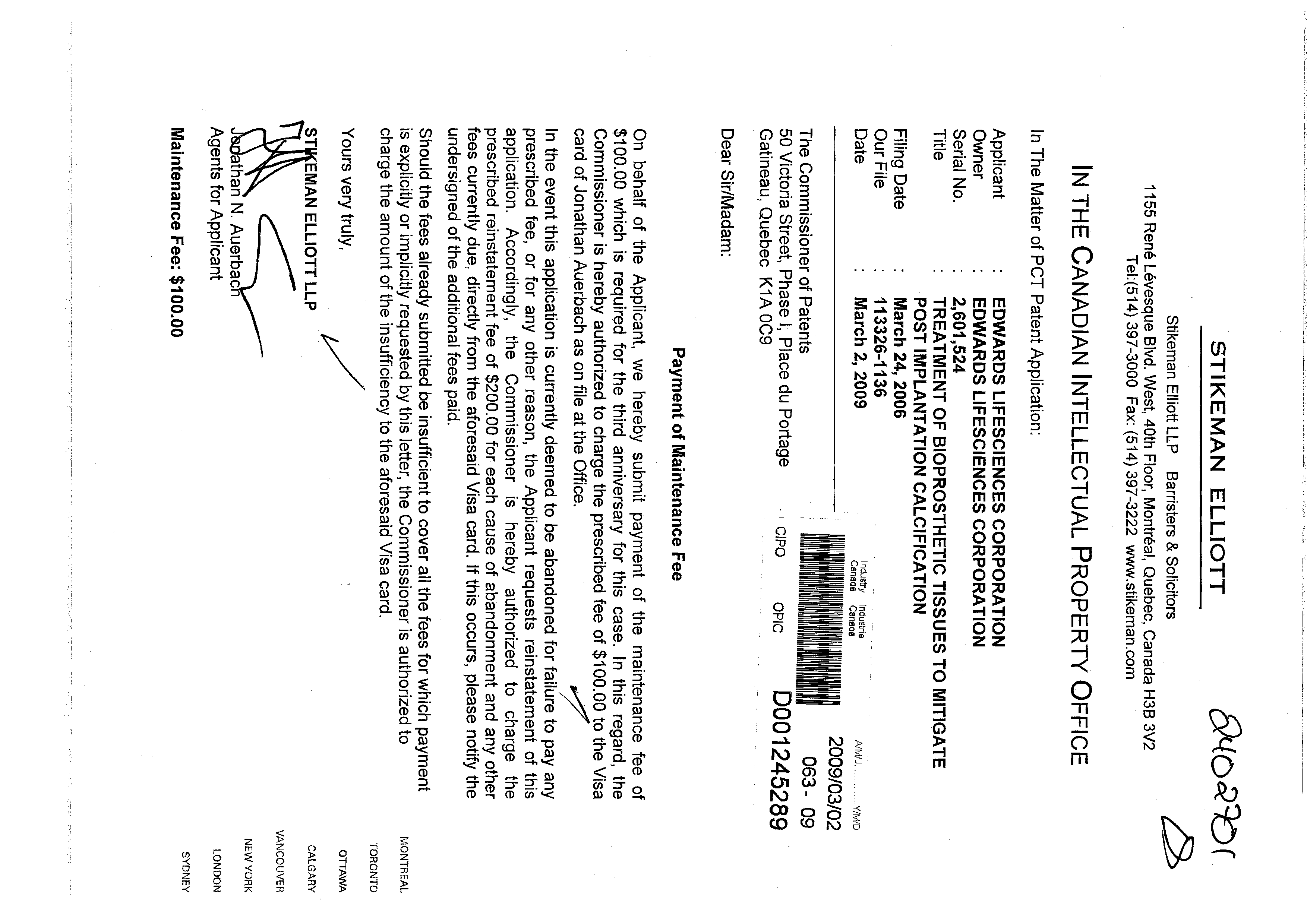 Canadian Patent Document 2601524. Fees 20081202. Image 1 of 1