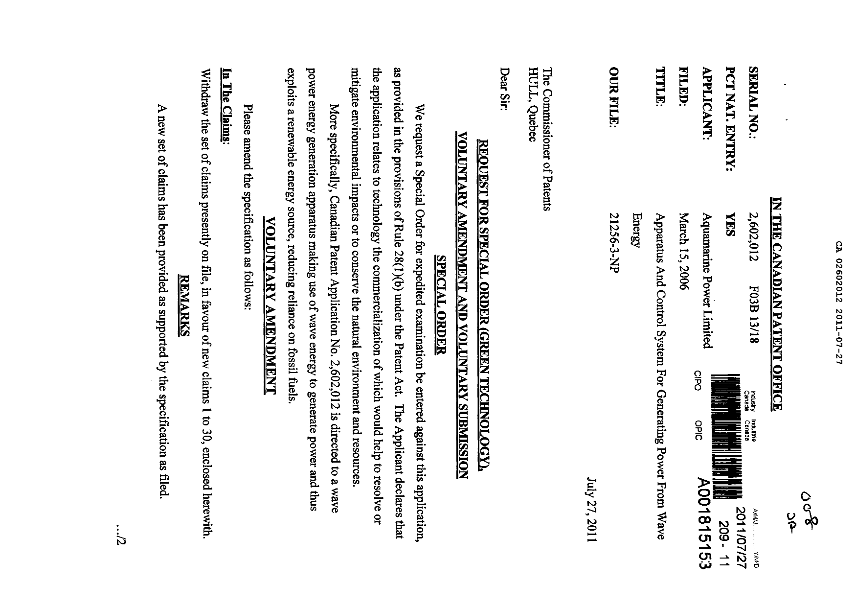 Canadian Patent Document 2602012. Prosecution-Amendment 20101227. Image 1 of 10
