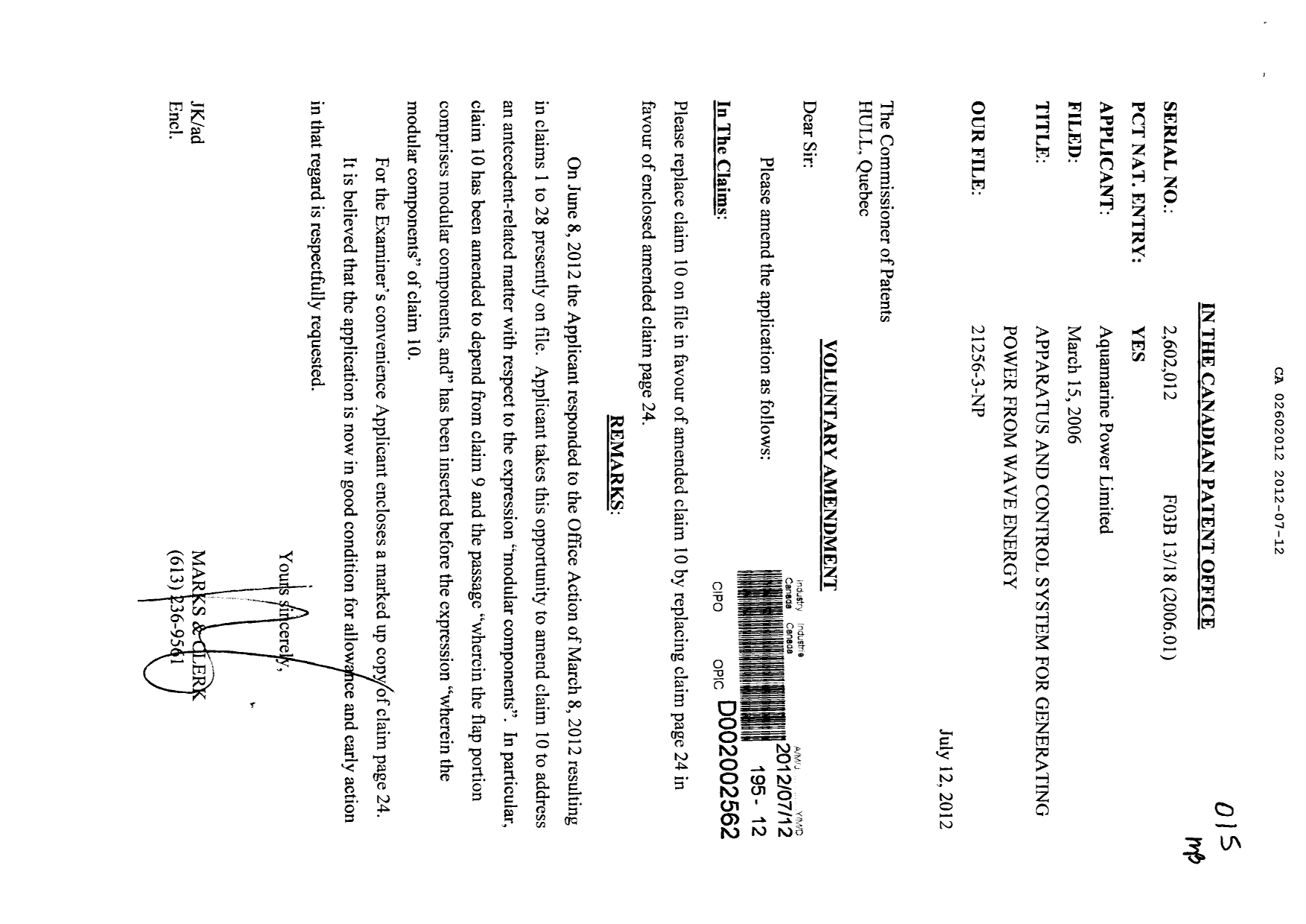 Canadian Patent Document 2602012. Prosecution-Amendment 20111212. Image 1 of 3