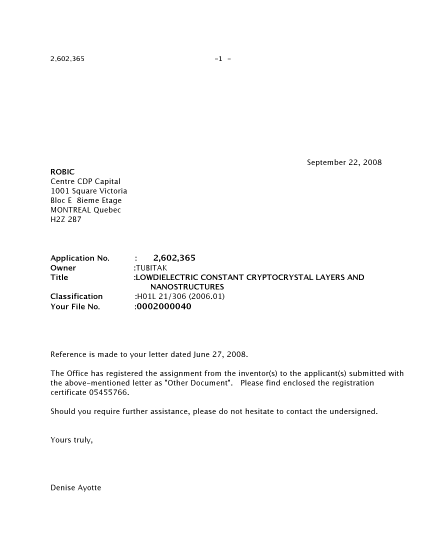 Canadian Patent Document 2602365. Correspondence 20080922. Image 1 of 2