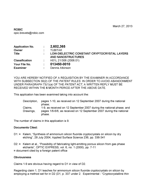 Canadian Patent Document 2602365. Prosecution-Amendment 20130327. Image 1 of 6