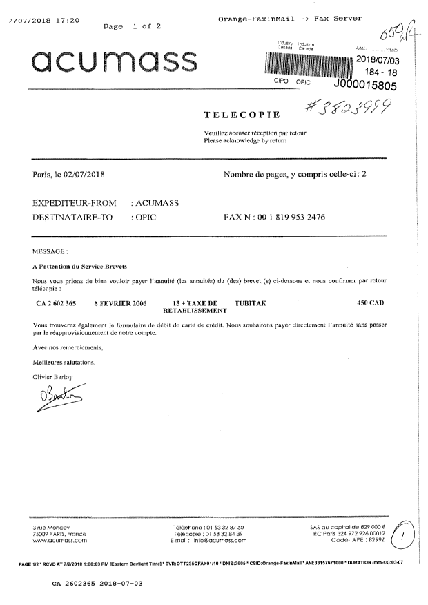 Canadian Patent Document 2602365. Maintenance Fee Payment 20180703. Image 1 of 1