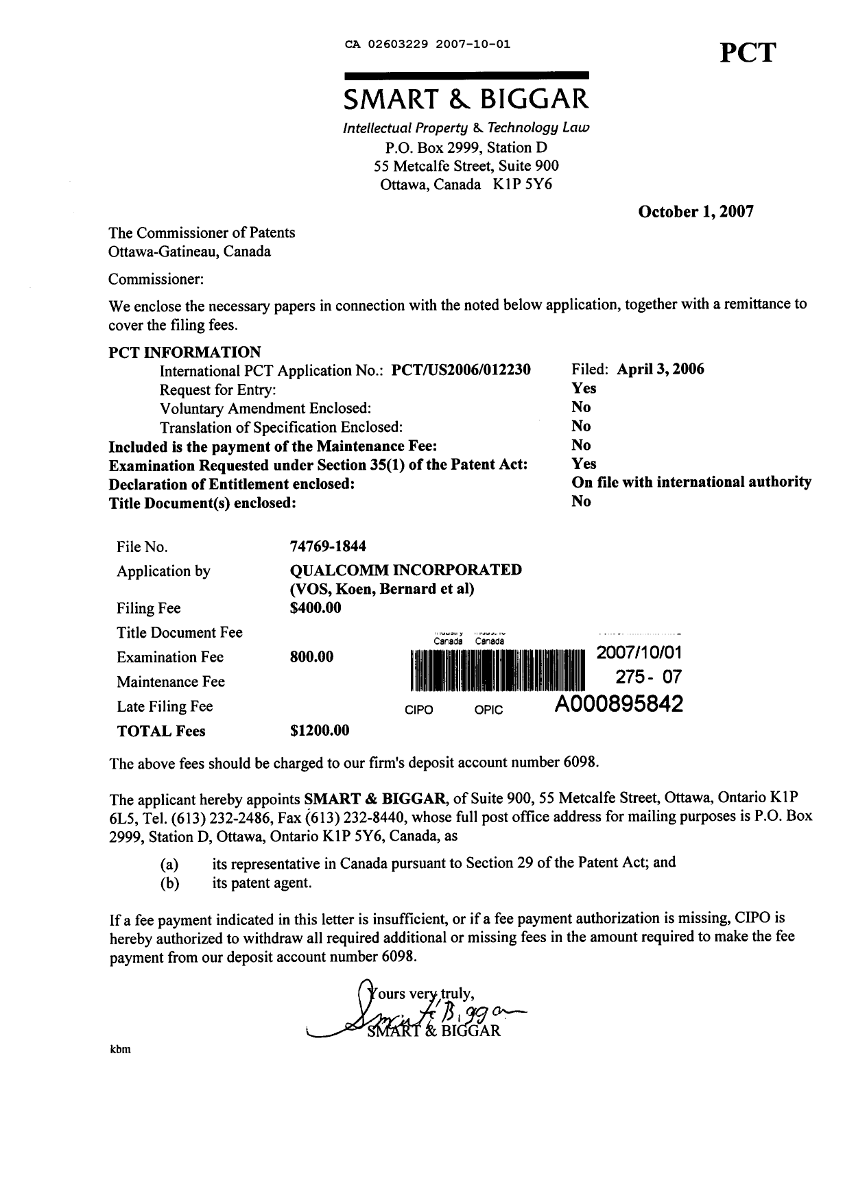 Document de brevet canadien 2603229. Cession 20071001. Image 1 de 5