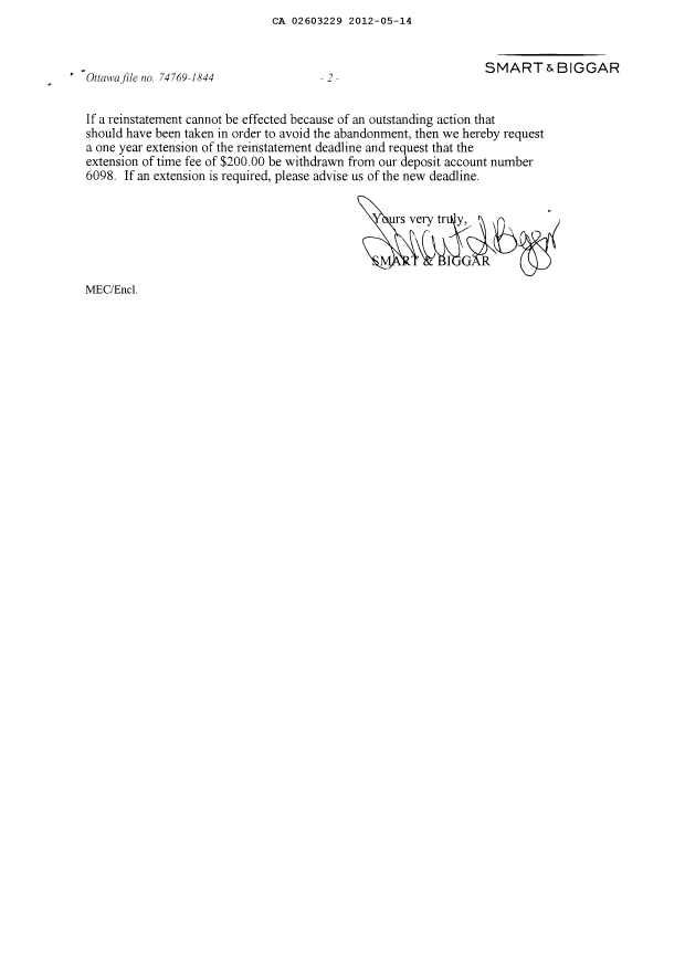 Document de brevet canadien 2603229. Correspondance 20120514. Image 2 de 2