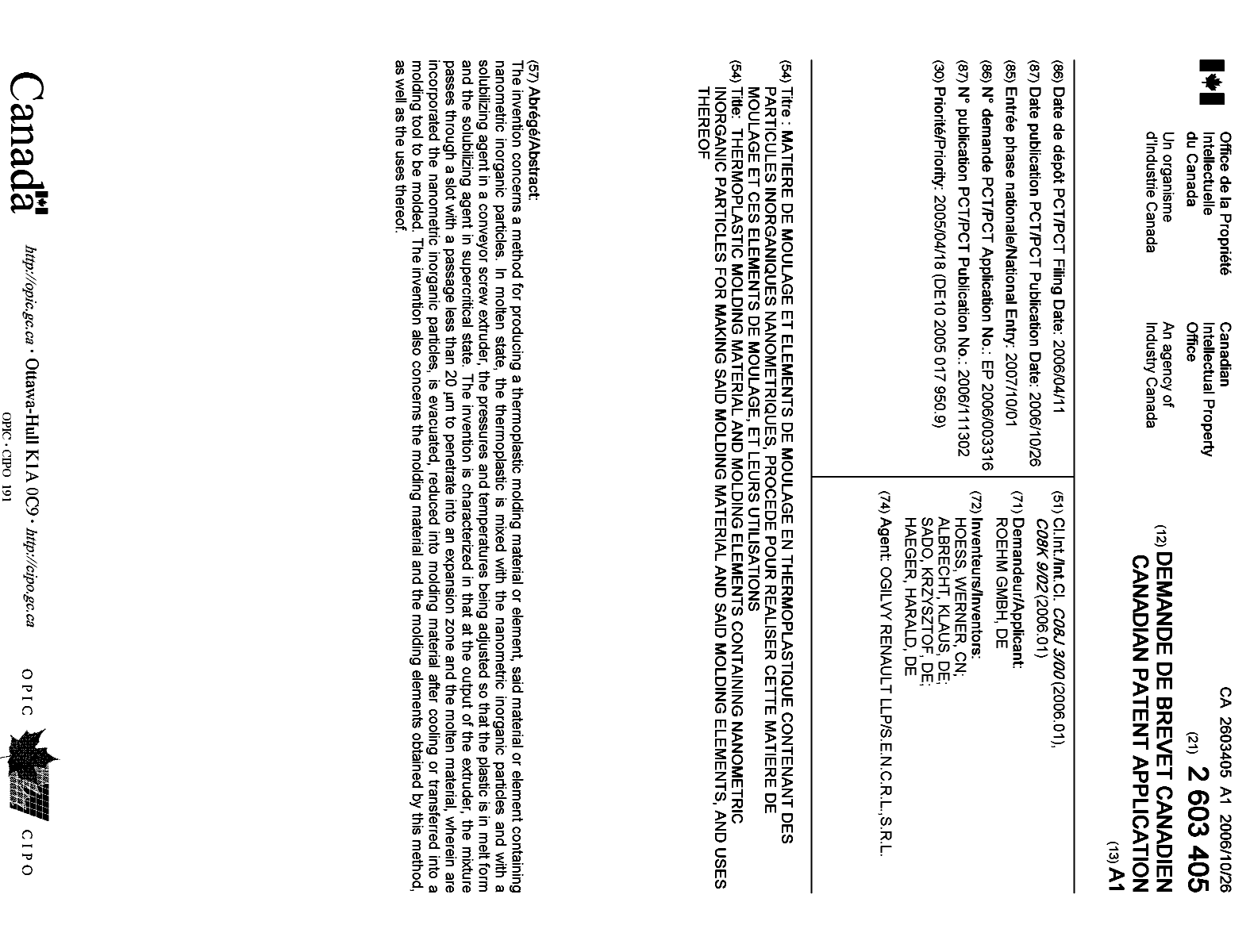 Document de brevet canadien 2603405. Page couverture 20061221. Image 1 de 1