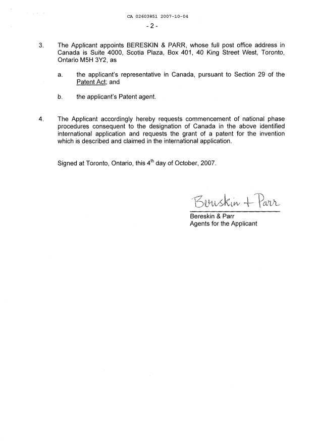 Canadian Patent Document 2603851. Assignment 20071004. Image 4 of 4