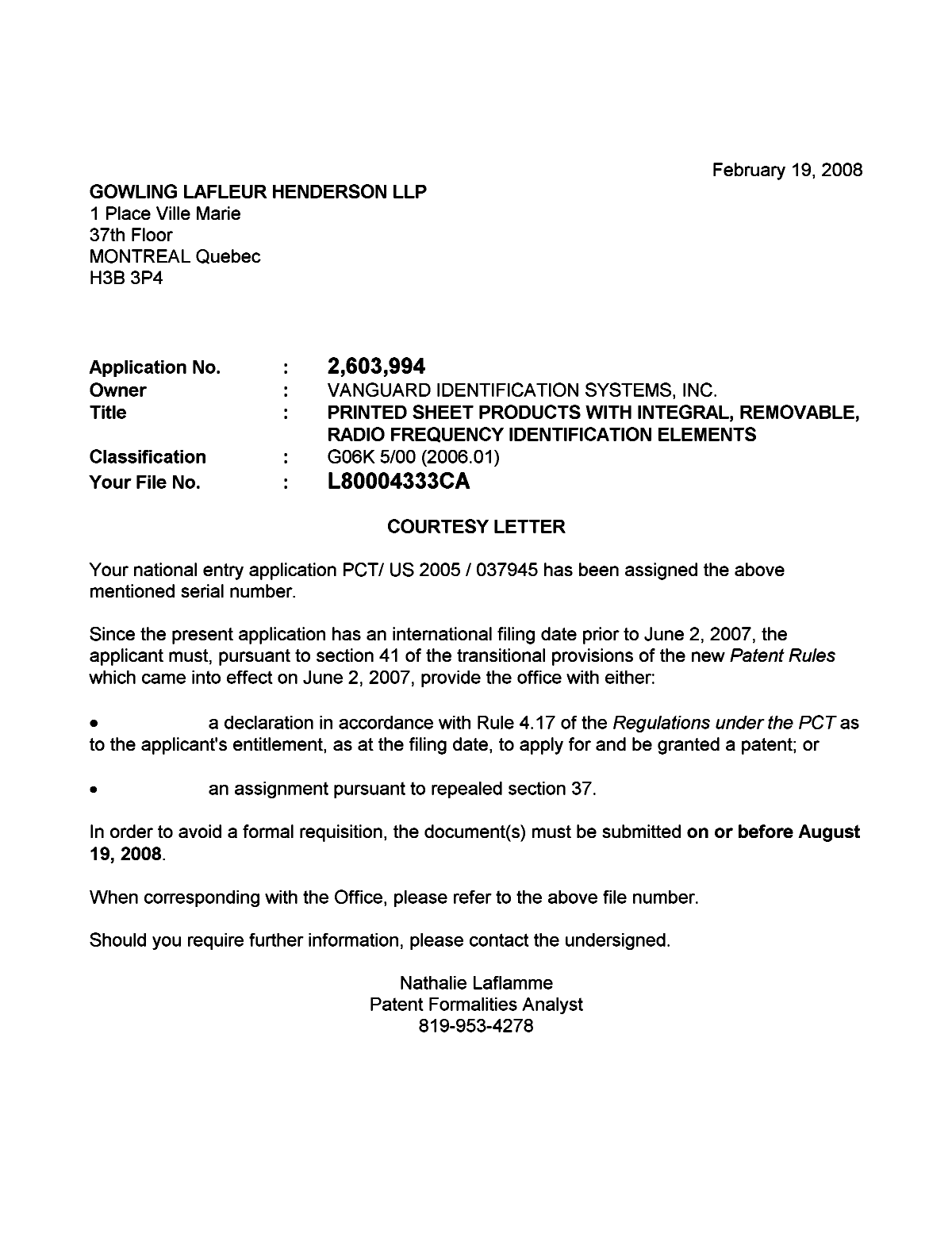 Document de brevet canadien 2603994. Correspondance 20080215. Image 1 de 1