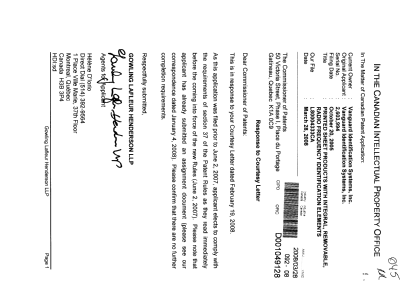 Canadian Patent Document 2603994. Correspondence 20080328. Image 1 of 1