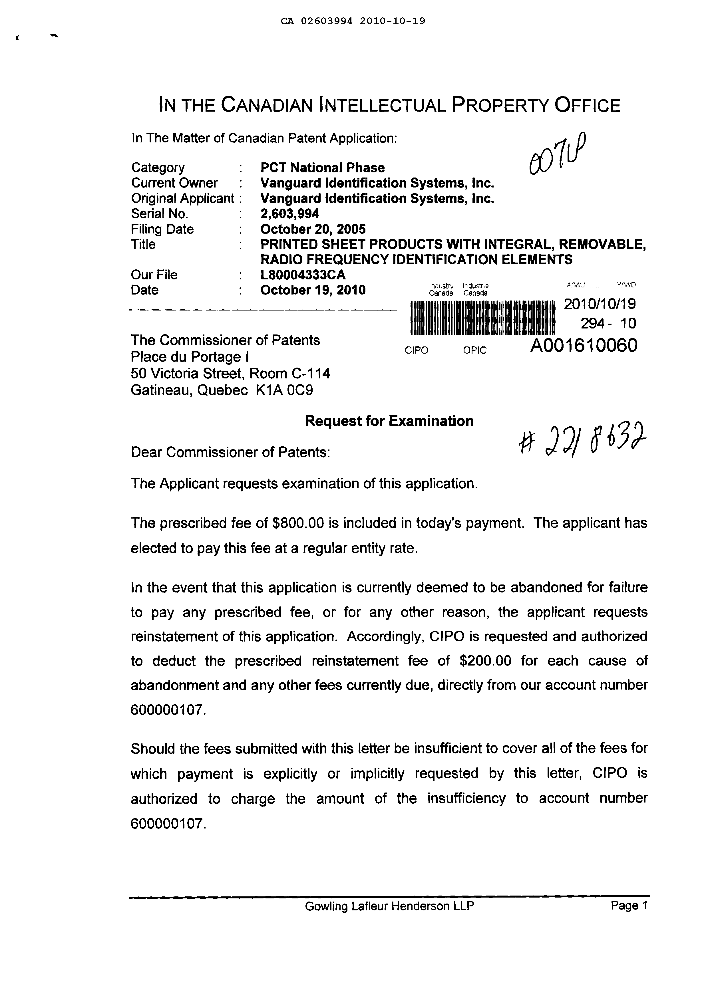 Document de brevet canadien 2603994. Poursuite-Amendment 20091219. Image 1 de 2