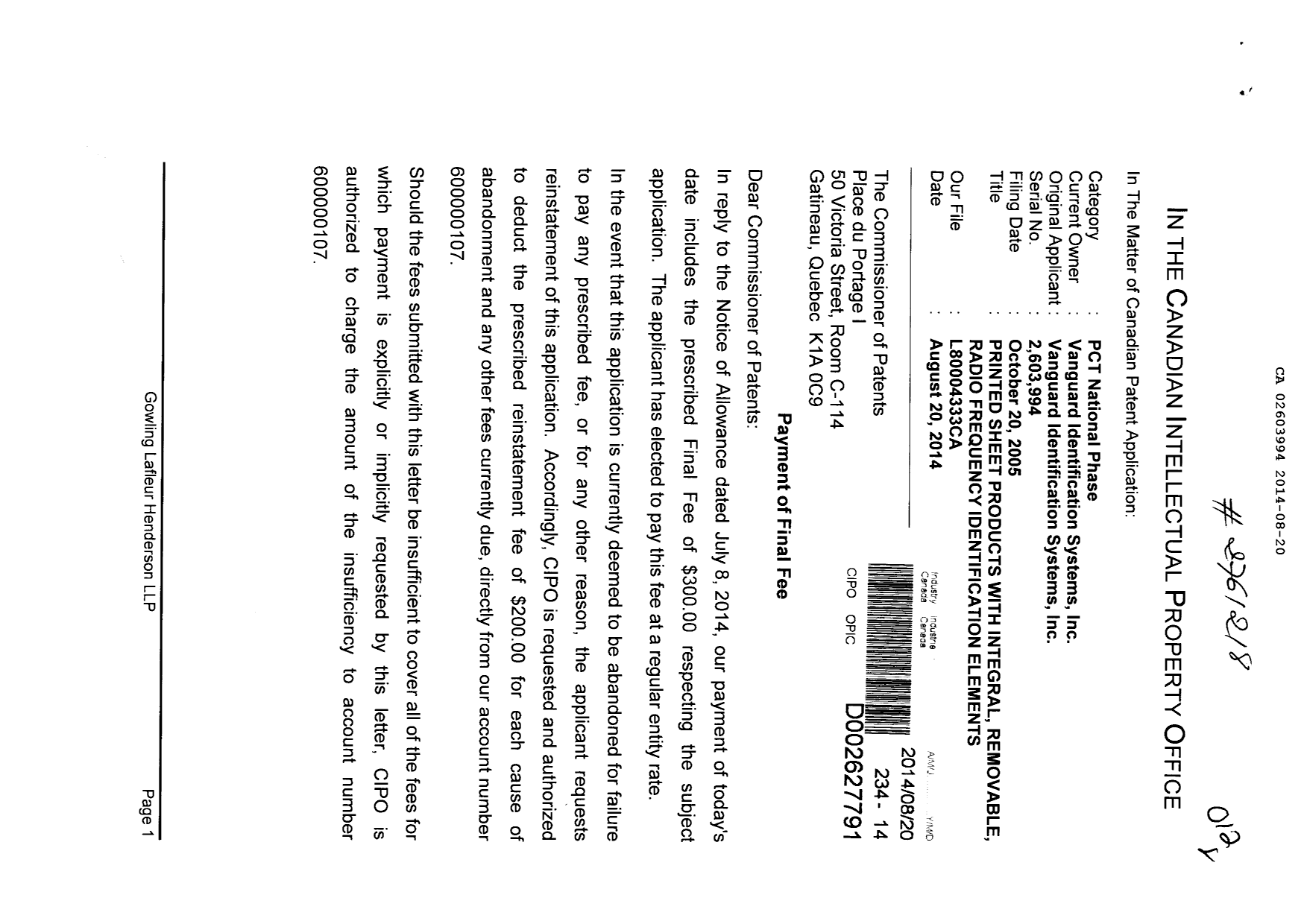 Canadian Patent Document 2603994. Correspondence 20140820. Image 1 of 2