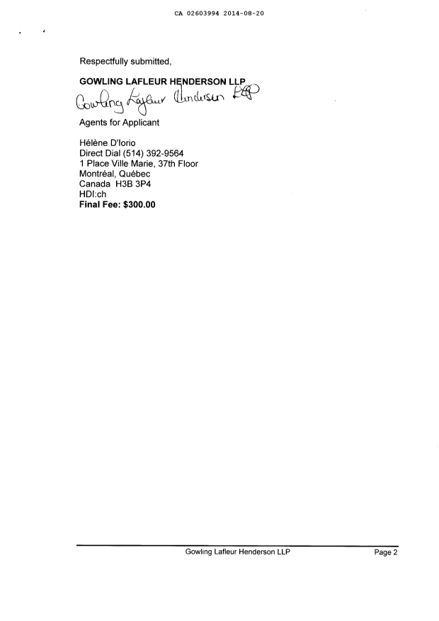 Document de brevet canadien 2603994. Correspondance 20140820. Image 2 de 2