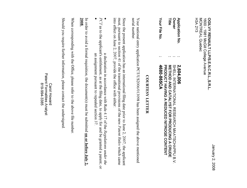 Document de brevet canadien 2604006. Correspondance 20071003. Image 1 de 1