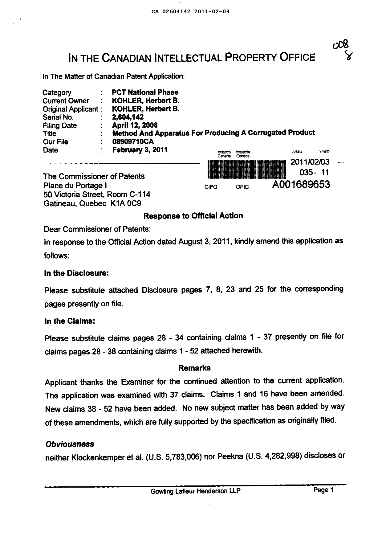 Document de brevet canadien 2604142. Poursuite-Amendment 20110203. Image 1 de 20