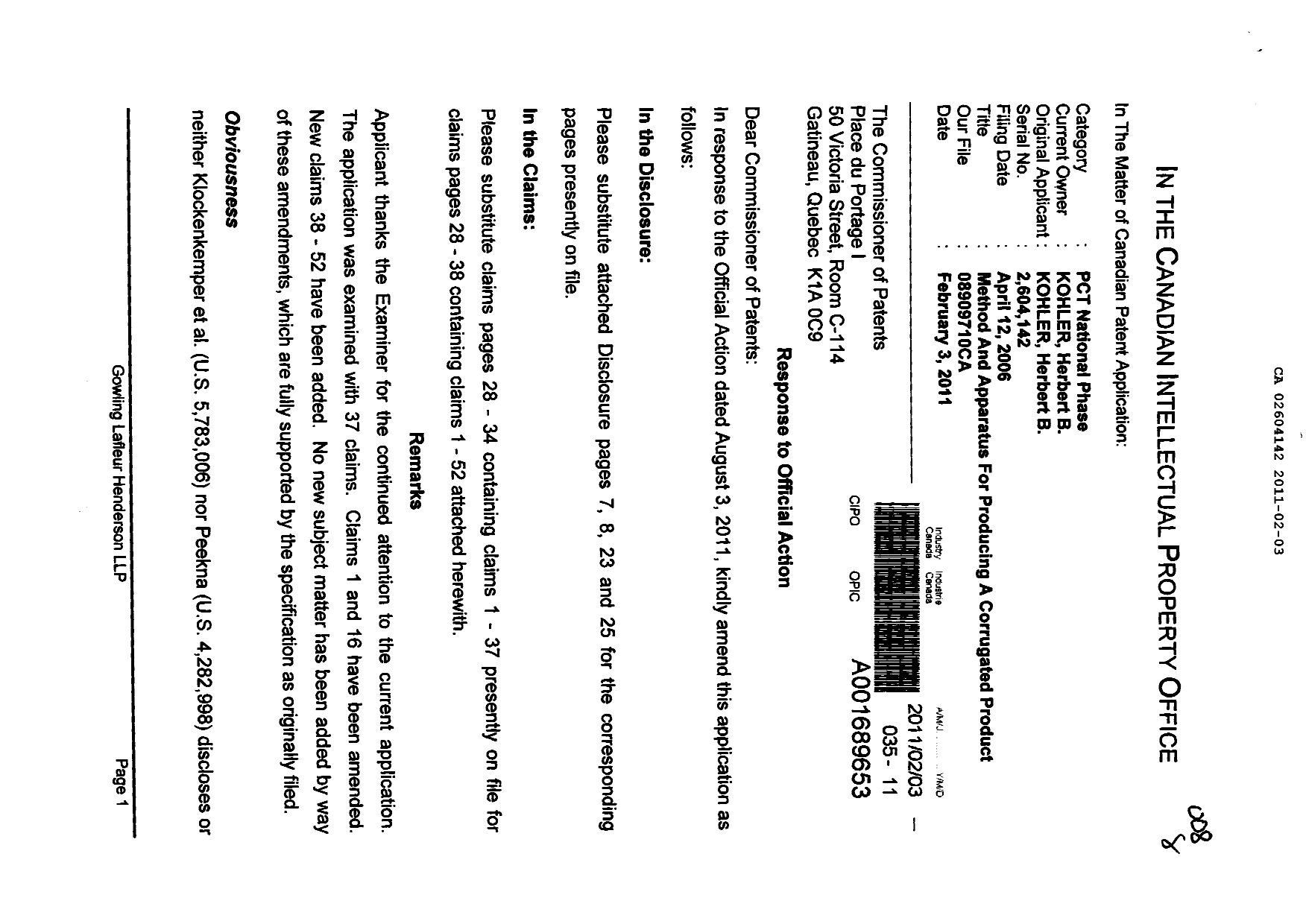 Canadian Patent Document 2604142. Prosecution-Amendment 20110203. Image 1 of 20