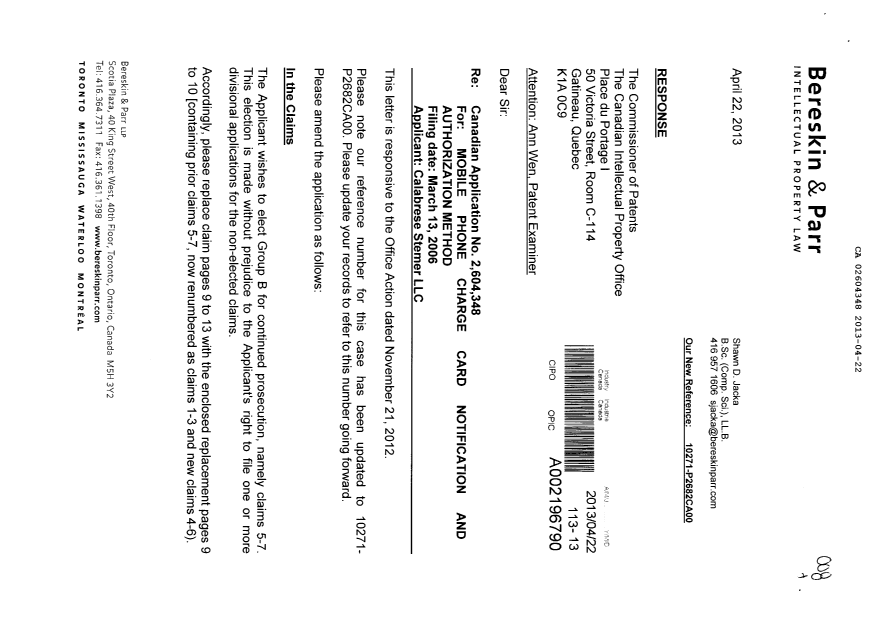 Canadian Patent Document 2604348. Prosecution-Amendment 20121222. Image 1 of 4