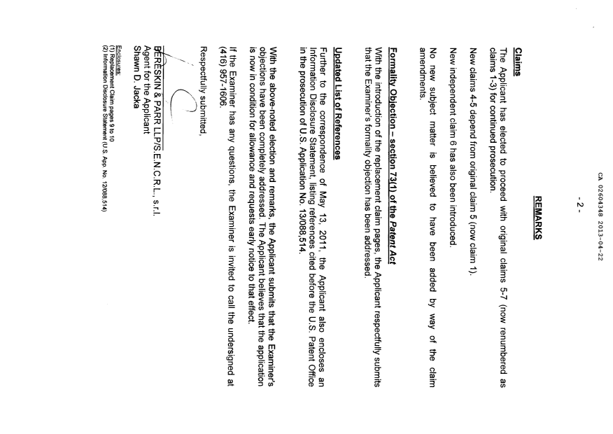 Document de brevet canadien 2604348. Poursuite-Amendment 20121222. Image 2 de 4