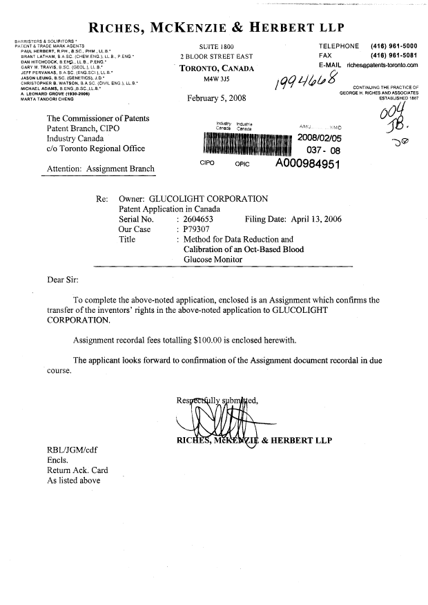 Document de brevet canadien 2604653. Cession 20080205. Image 1 de 9