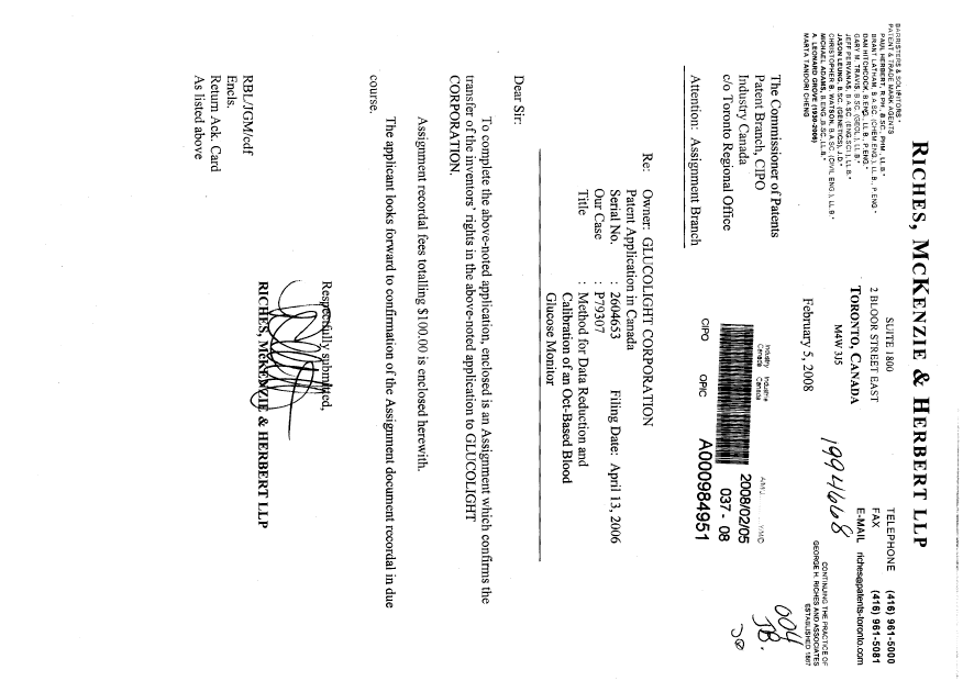 Document de brevet canadien 2604653. Cession 20080205. Image 1 de 9