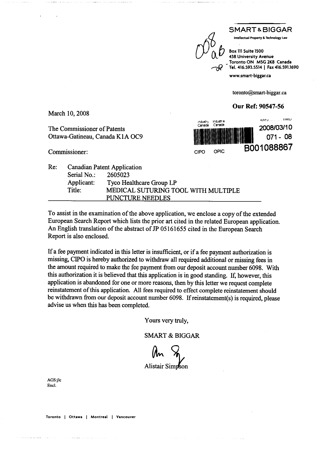 Document de brevet canadien 2605023. Poursuite-Amendment 20080310. Image 1 de 1