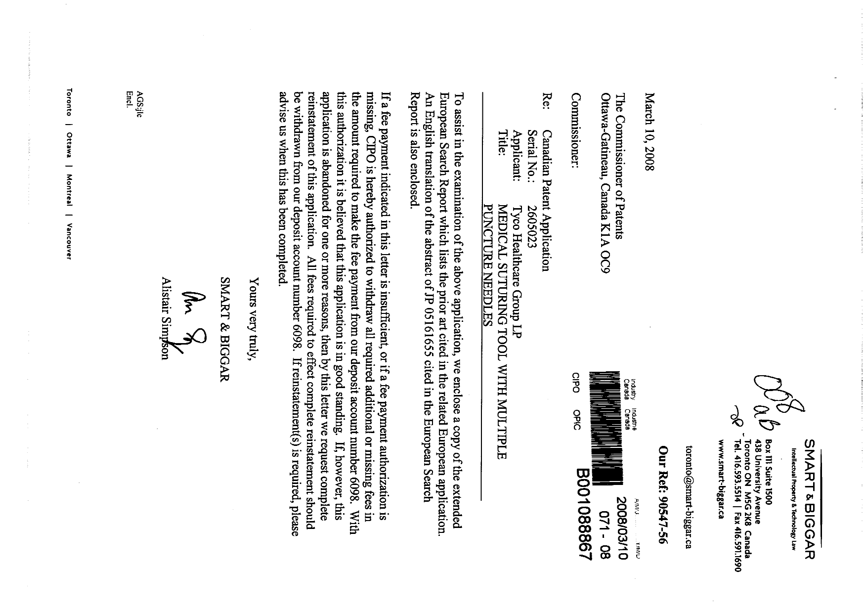 Canadian Patent Document 2605023. Prosecution-Amendment 20080310. Image 1 of 1