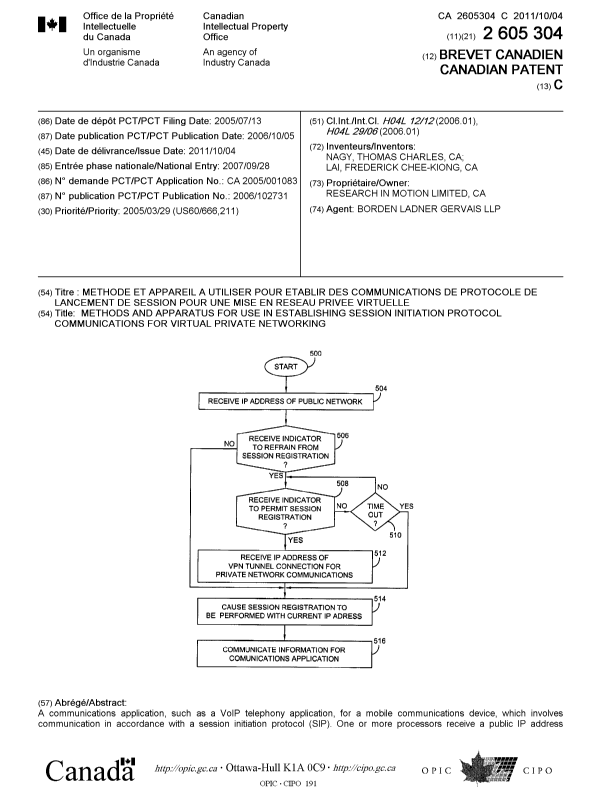 Document de brevet canadien 2605304. Page couverture 20110831. Image 1 de 2