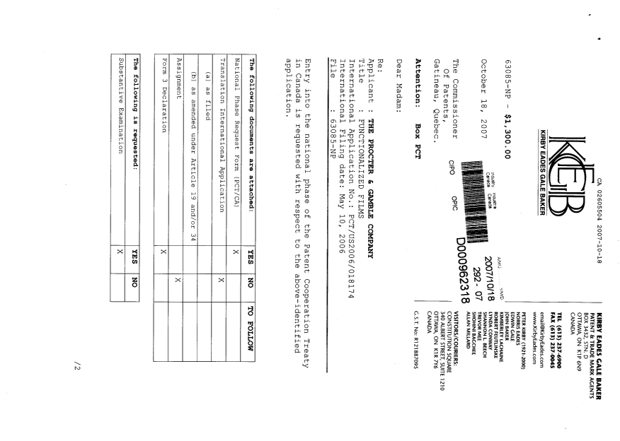 Document de brevet canadien 2605504. Cession 20071018. Image 1 de 5