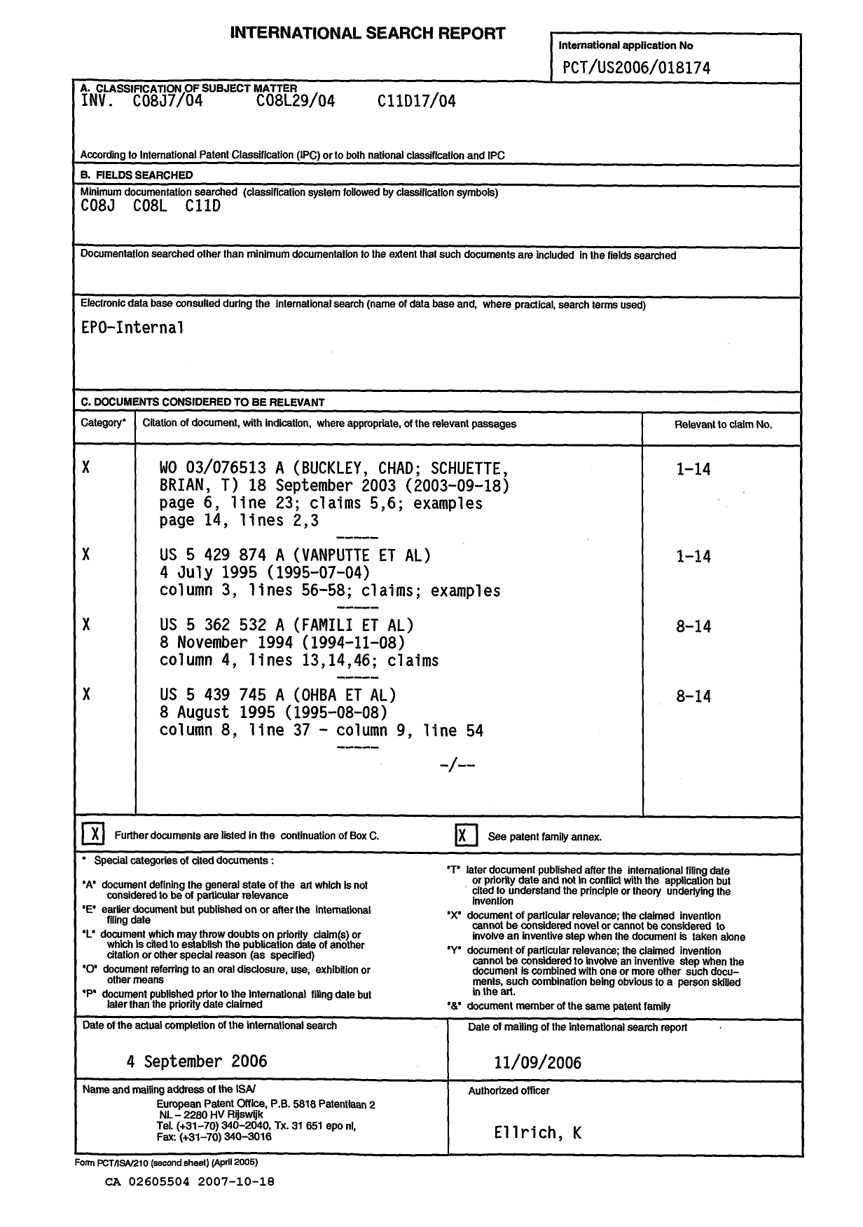 Document de brevet canadien 2605504. PCT 20071018. Image 1 de 3