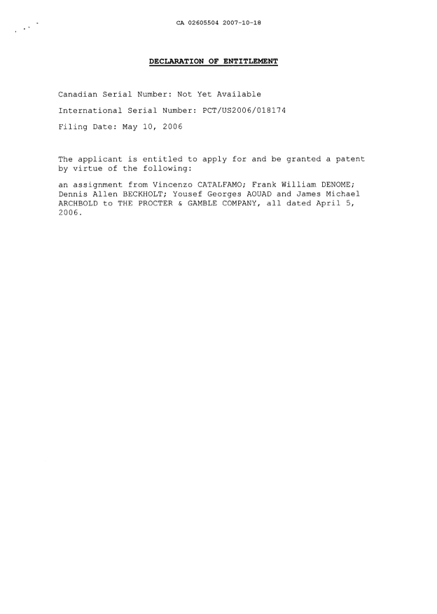 Document de brevet canadien 2605504. Cession 20071018. Image 5 de 5