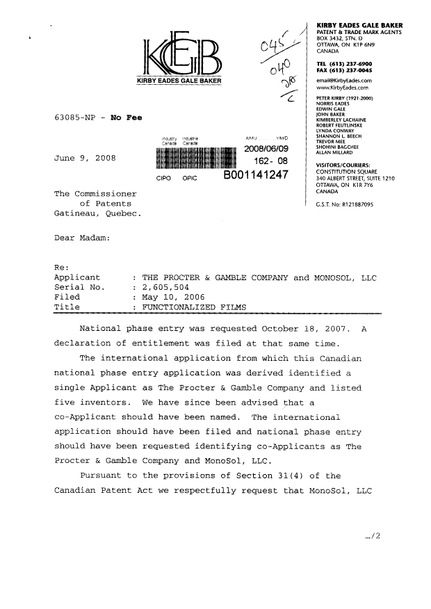 Document de brevet canadien 2605504. Correspondance 20080609. Image 1 de 6