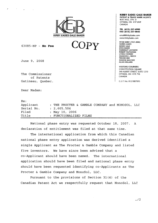 Document de brevet canadien 2605504. Cession 20090623. Image 2 de 4