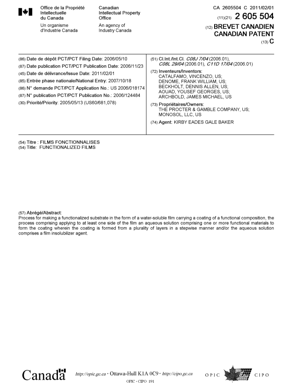 Document de brevet canadien 2605504. Page couverture 20110113. Image 1 de 1
