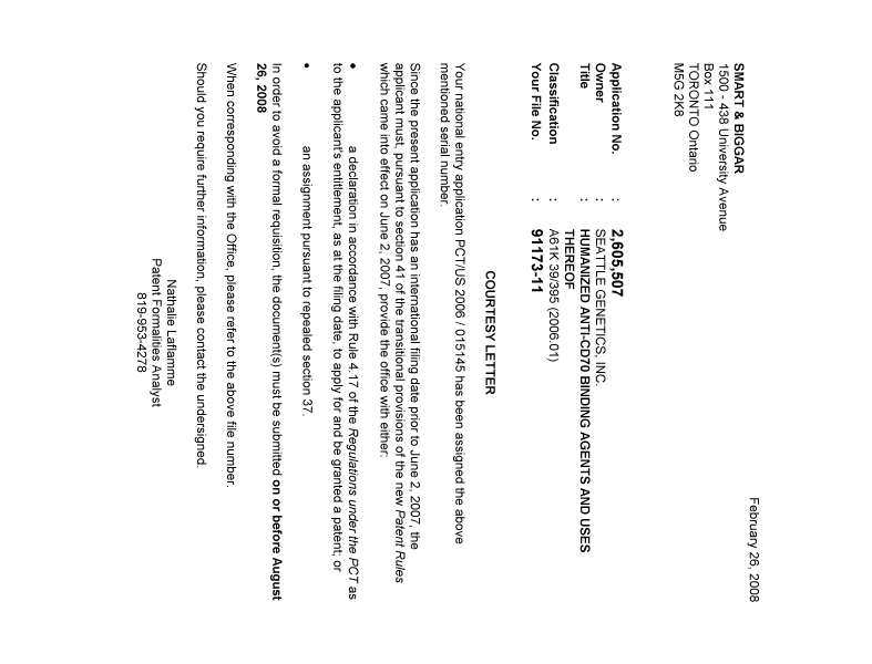 Document de brevet canadien 2605507. Correspondance 20080218. Image 1 de 1