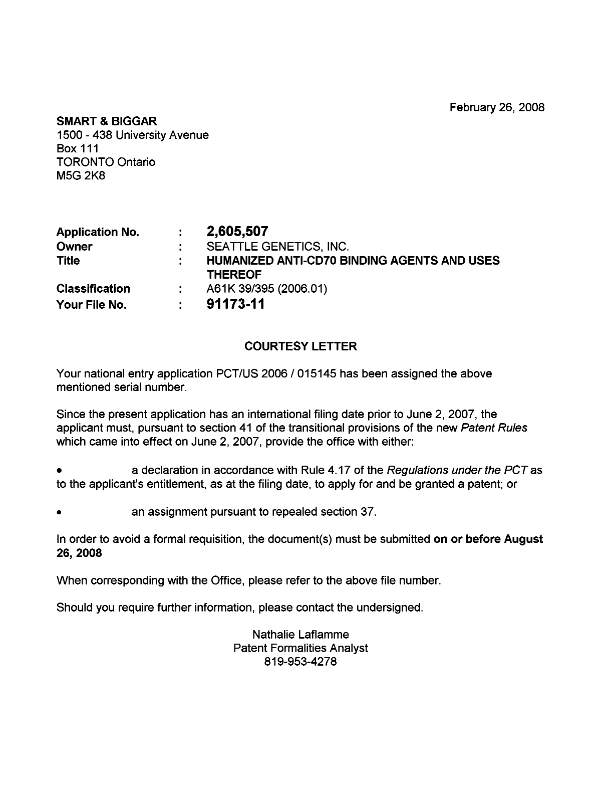 Document de brevet canadien 2605507. Correspondance 20080218. Image 1 de 1