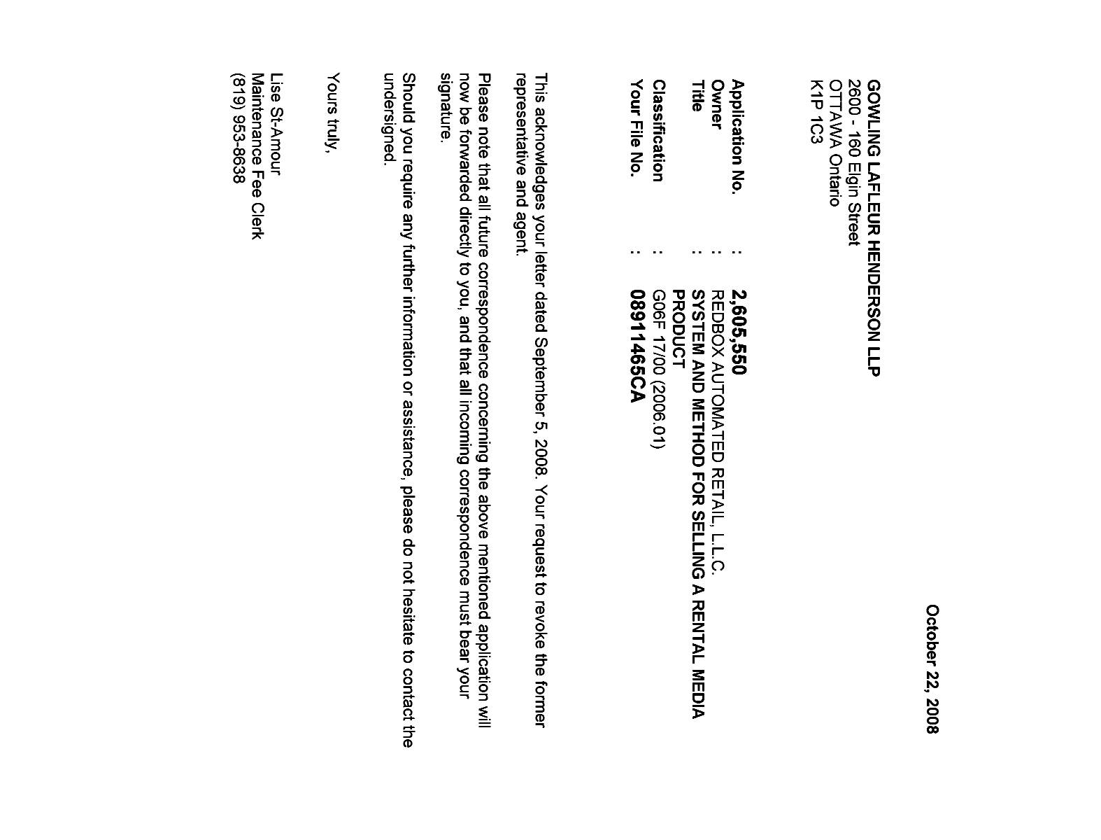 Document de brevet canadien 2605550. Correspondance 20071222. Image 1 de 1