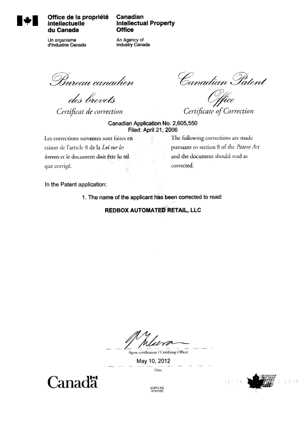 Document de brevet canadien 2605550. Page couverture 20120510. Image 2 de 2