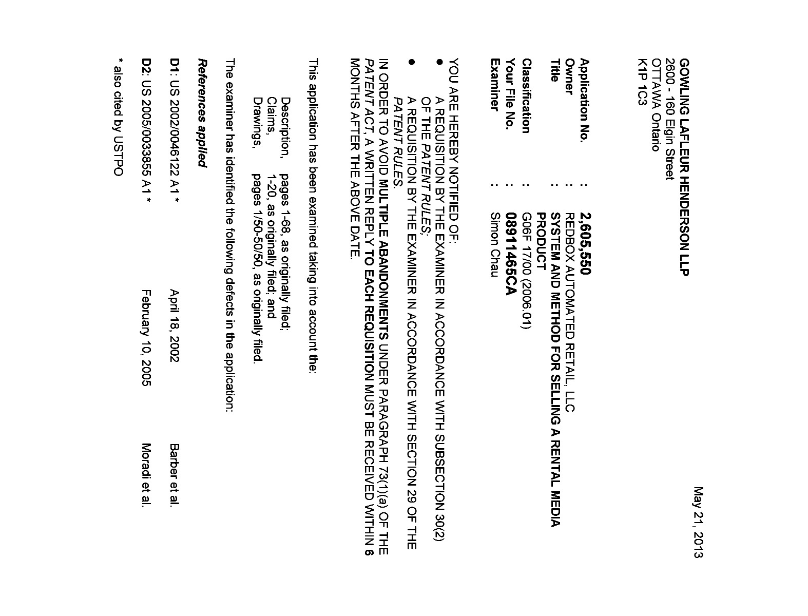 Document de brevet canadien 2605550. Poursuite-Amendment 20130521. Image 1 de 4
