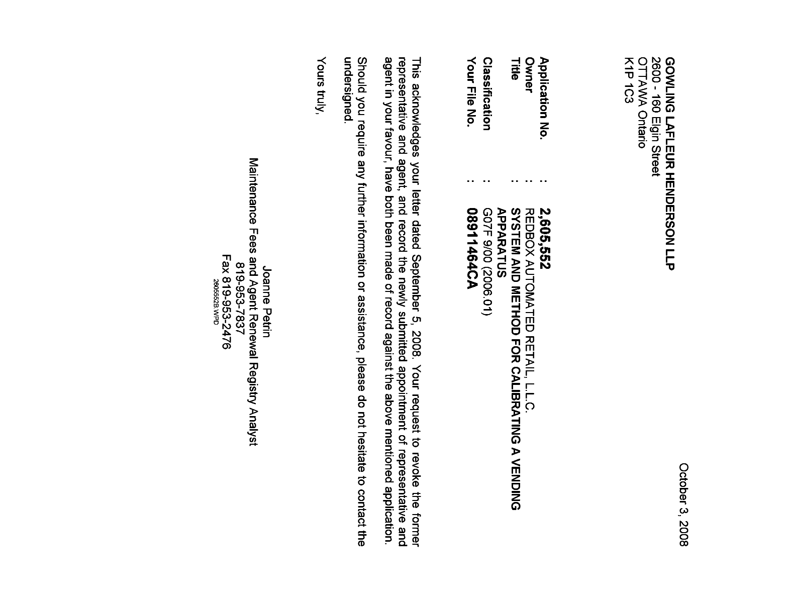 Canadian Patent Document 2605552. Correspondence 20081003. Image 1 of 1