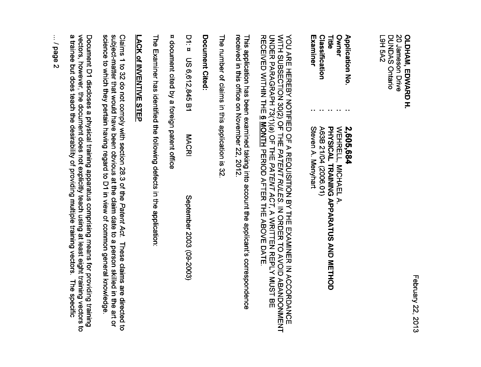 Canadian Patent Document 2605684. Prosecution-Amendment 20130222. Image 1 of 2