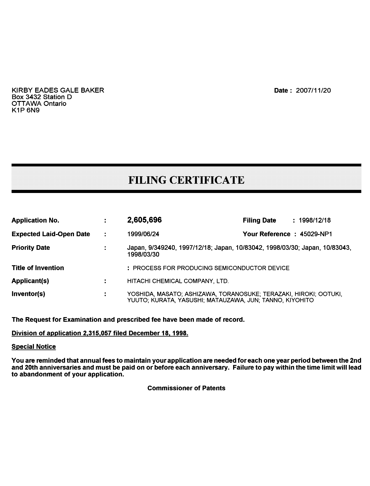 Document de brevet canadien 2605696. Correspondance 20071116. Image 1 de 1